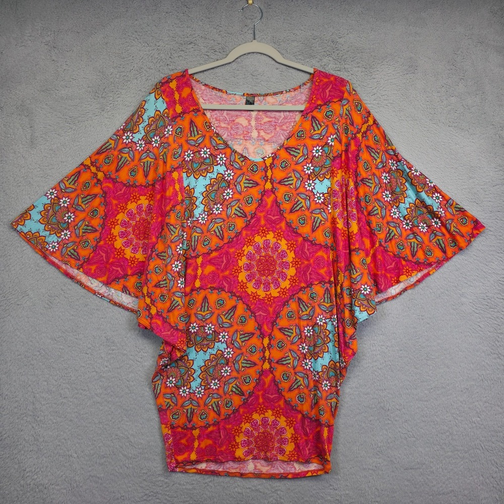 ana Top Womens M Orange Pink Flutter Sleeve Floral Boho Oversized Beach Summer